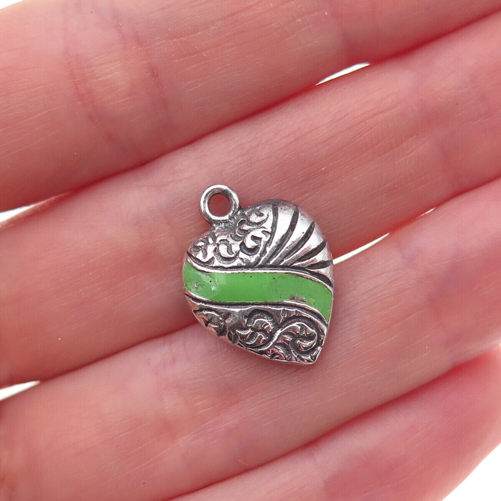 925 Sterling Silver Antique Art Deco Enamel Heart Chatelaine Charm Pendant